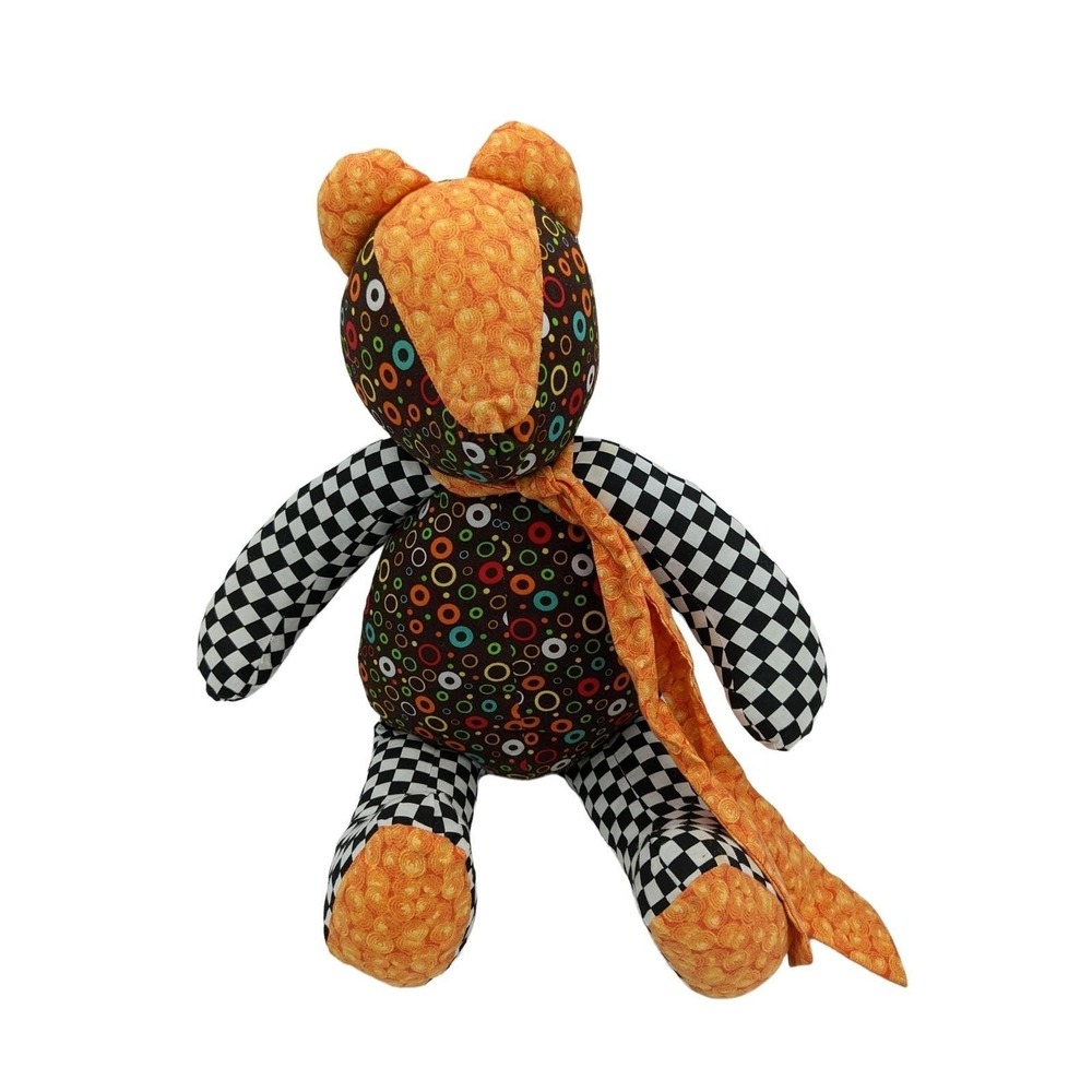 Handmade Patchwork Teddy Bear Plush Colorful Circles Checkered‎ Orange Scarf 14"